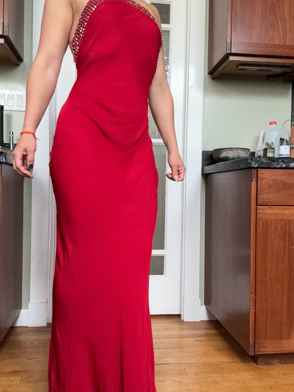 Zara Strapless Red Evening Gown with Beaded Trim